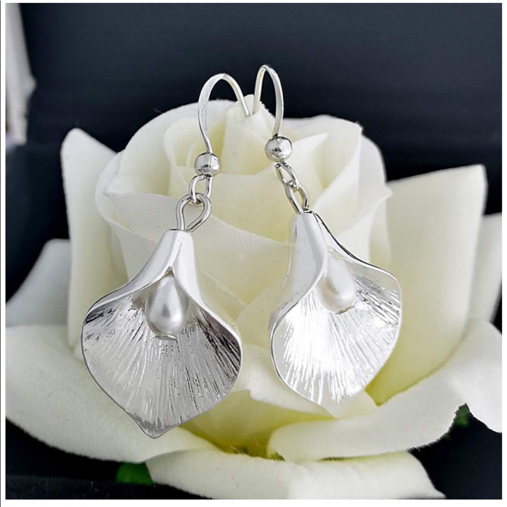 Faux Pearl Flower Petal Hook Earrings - Picture 2 of 4
